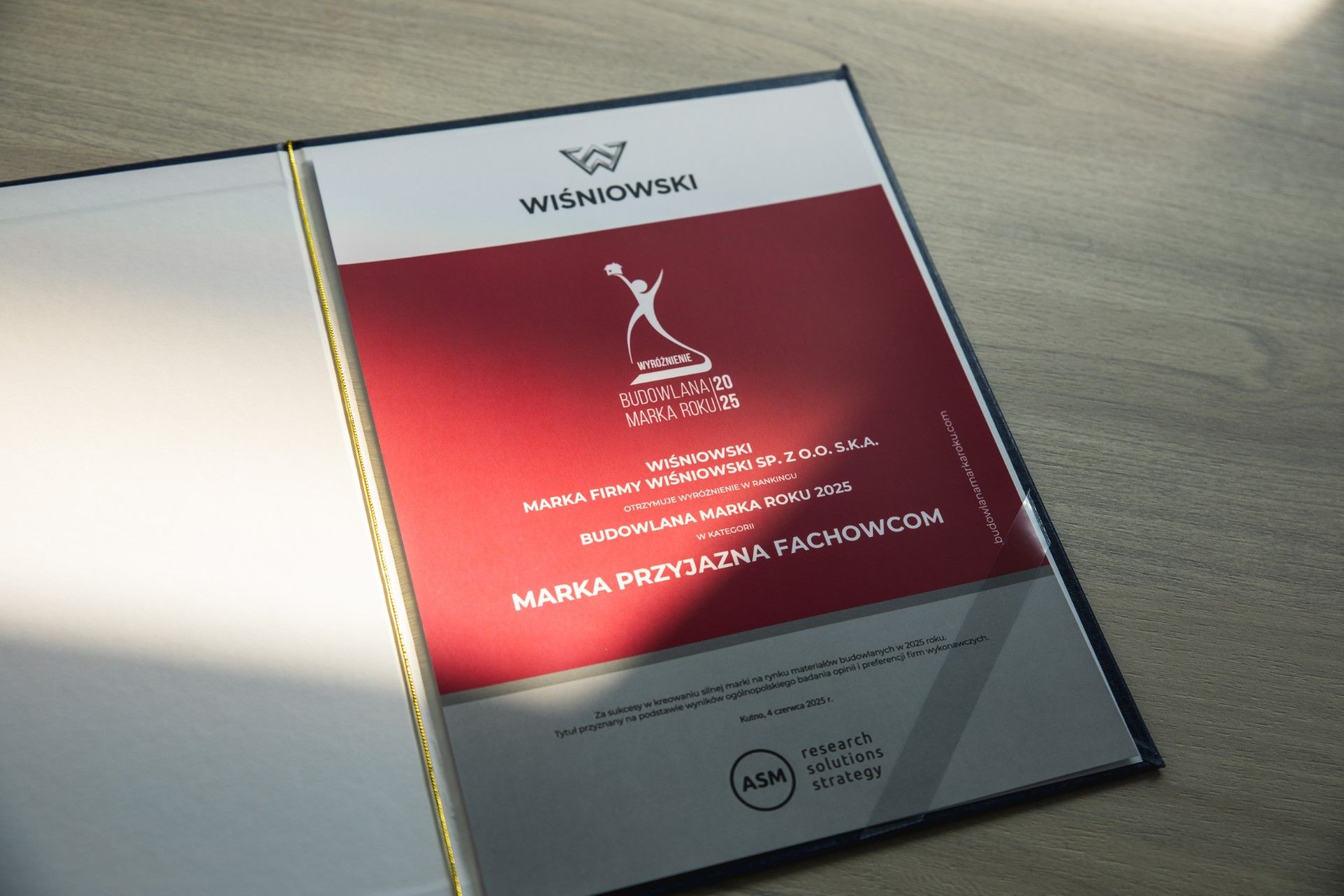 Budowlana Marka Roku 2025 Marka Przyjazna Fachowcom wyróżnienie dla firmy WIŚNIOWSKI